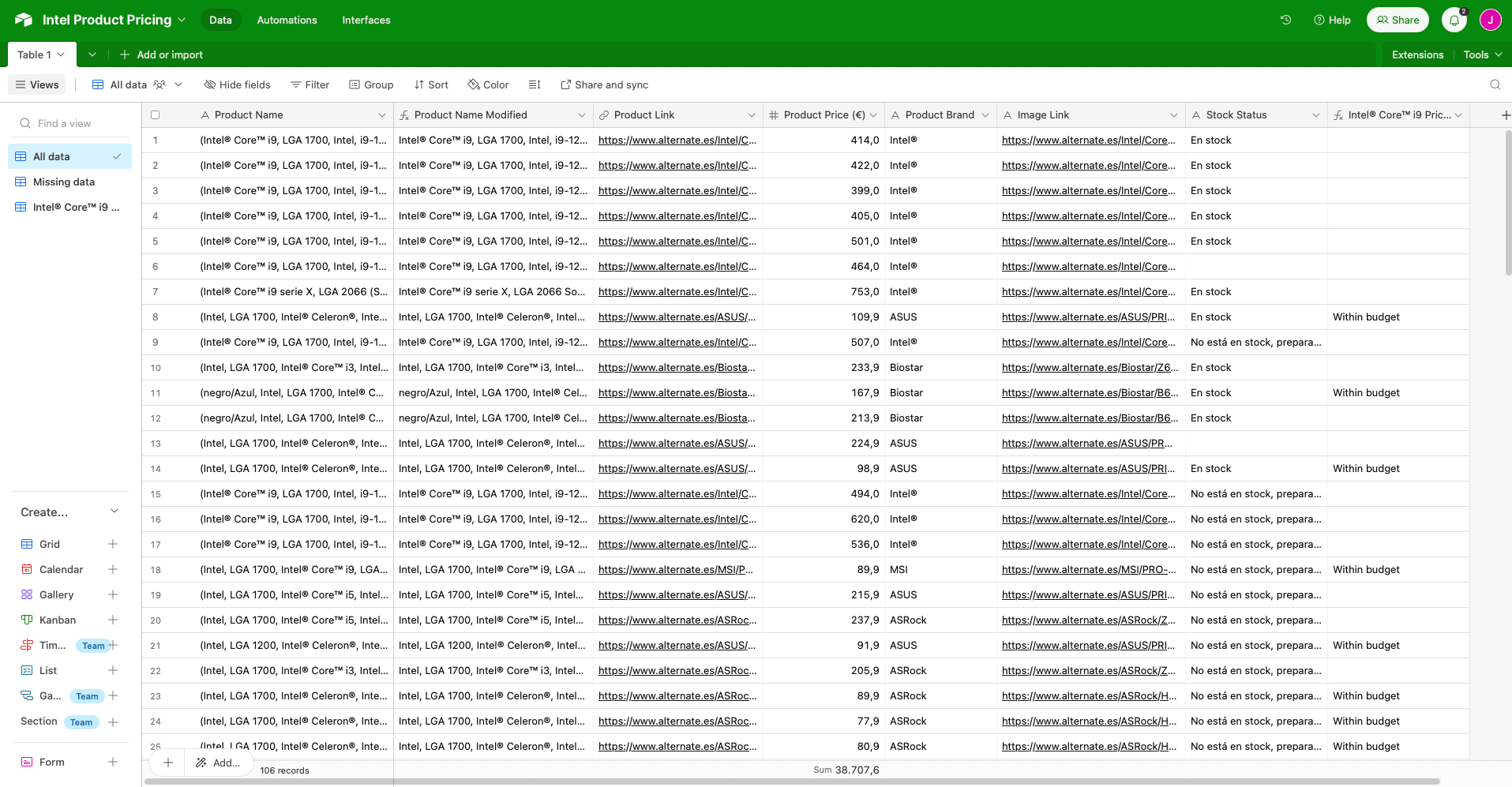 Screenshot of pricing data in cloud database