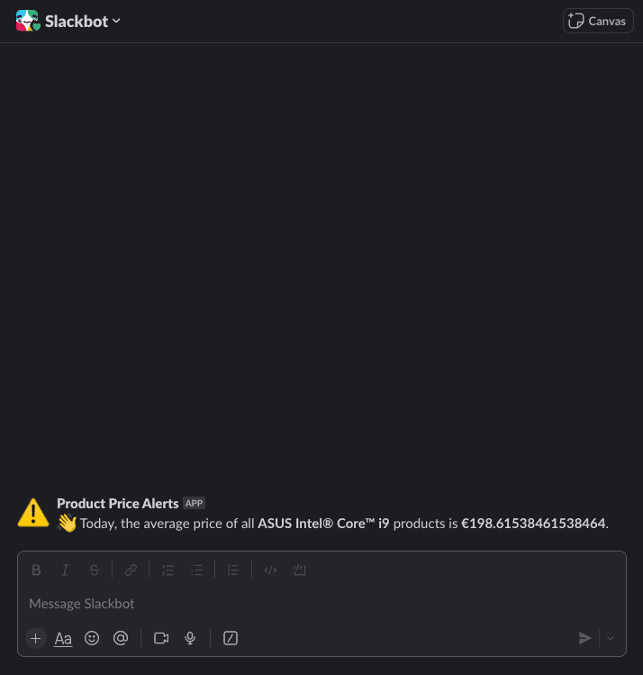 Screenshot of Slack automated pricing trend alert