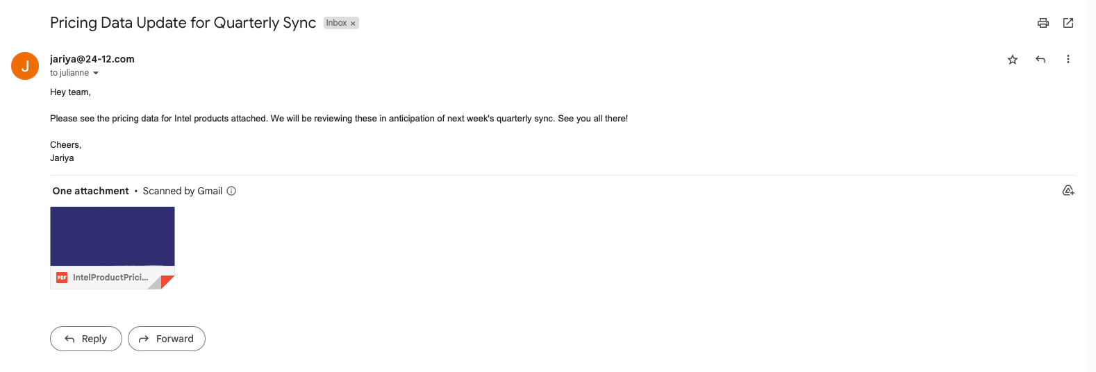 Screenshot of automated pricing data report email