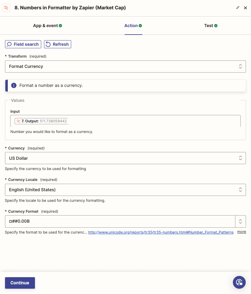 Screenshot of Zapier formatter action to clean pricing data