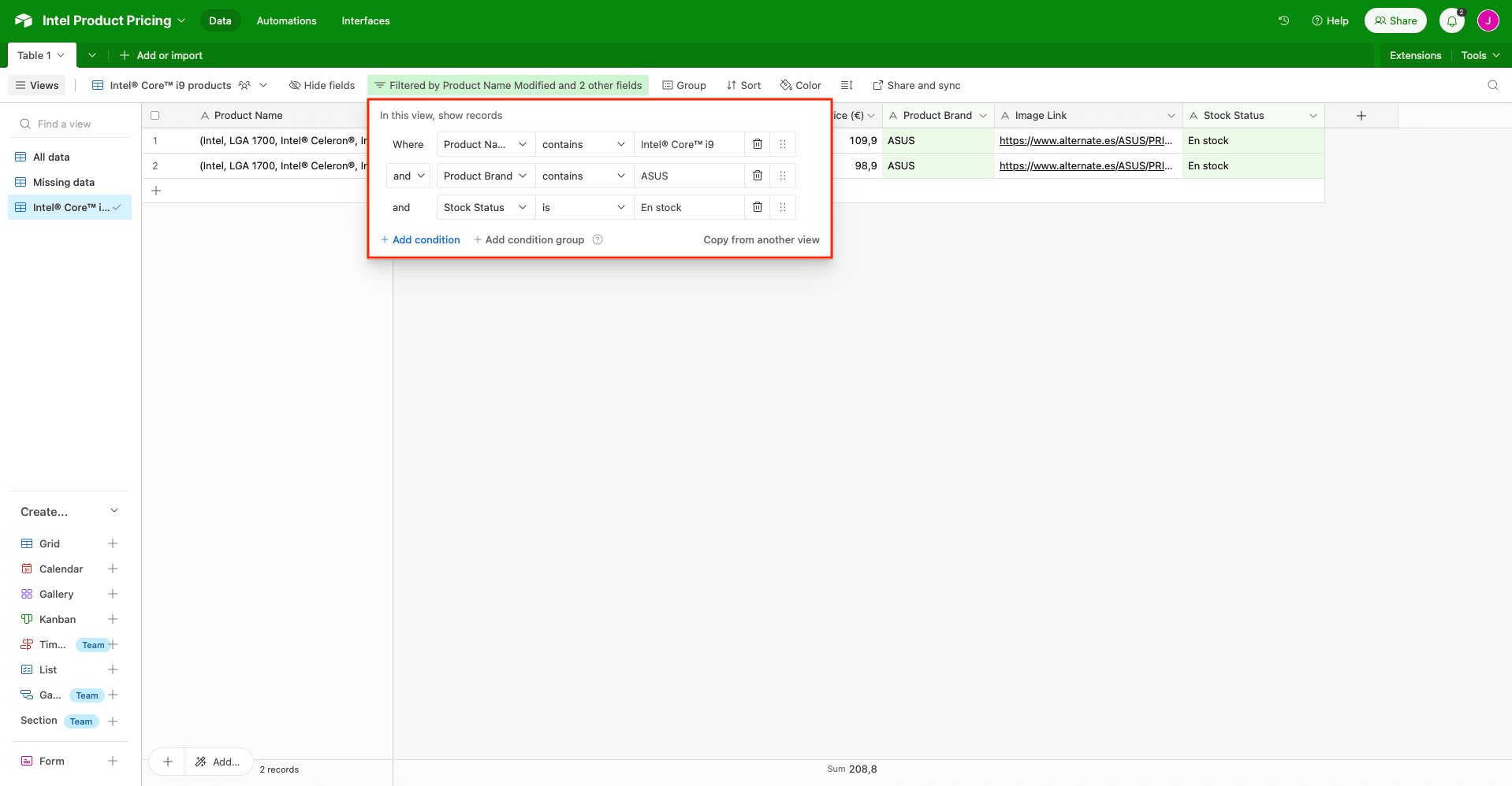 Screenshot of Airtable formula that filters pricing data
