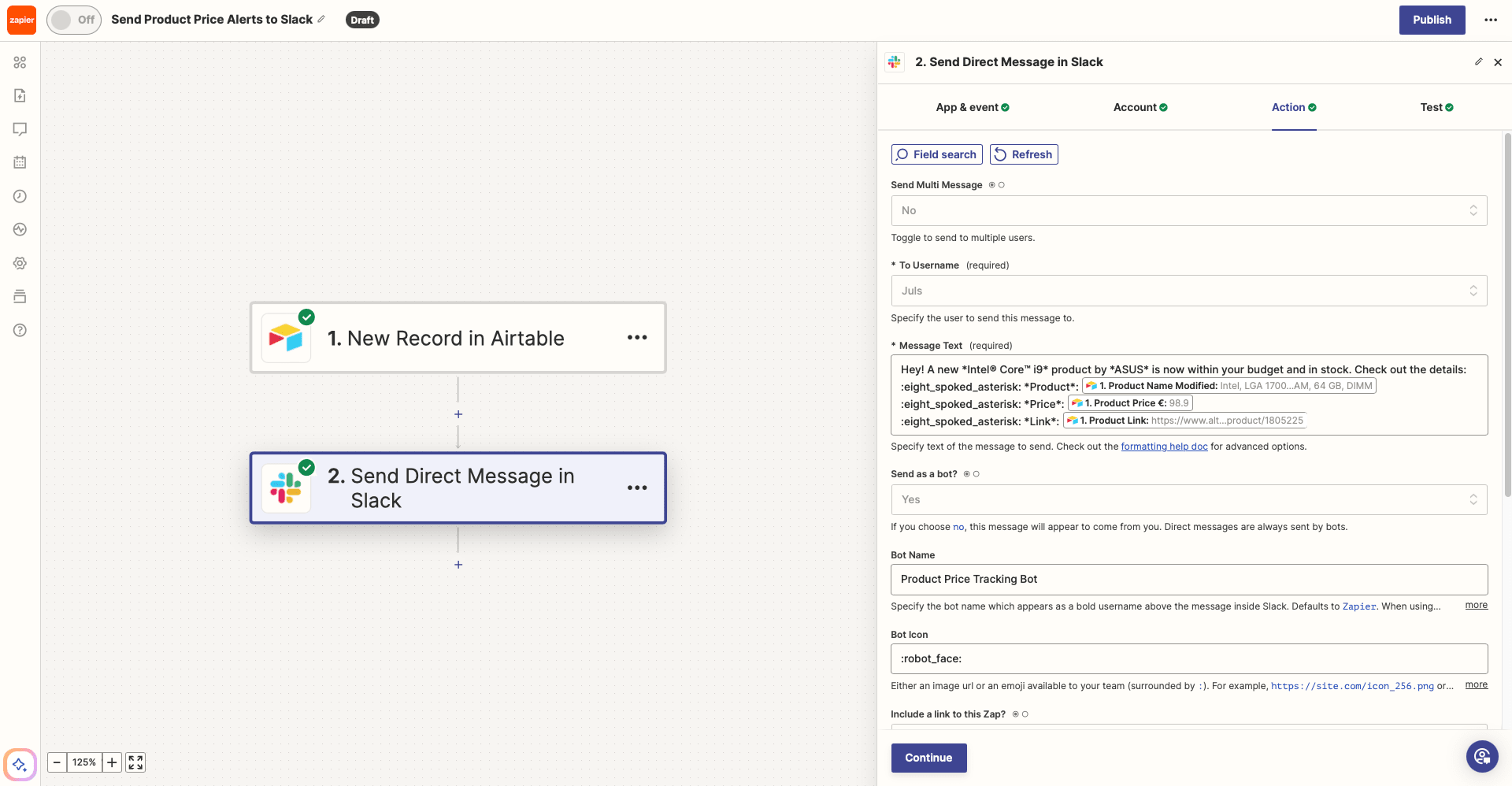 Screenshot of Zapier workflow to send Slack notification