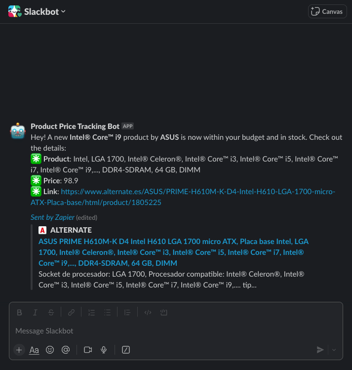 Screenshot of Slack automated pricing data notification