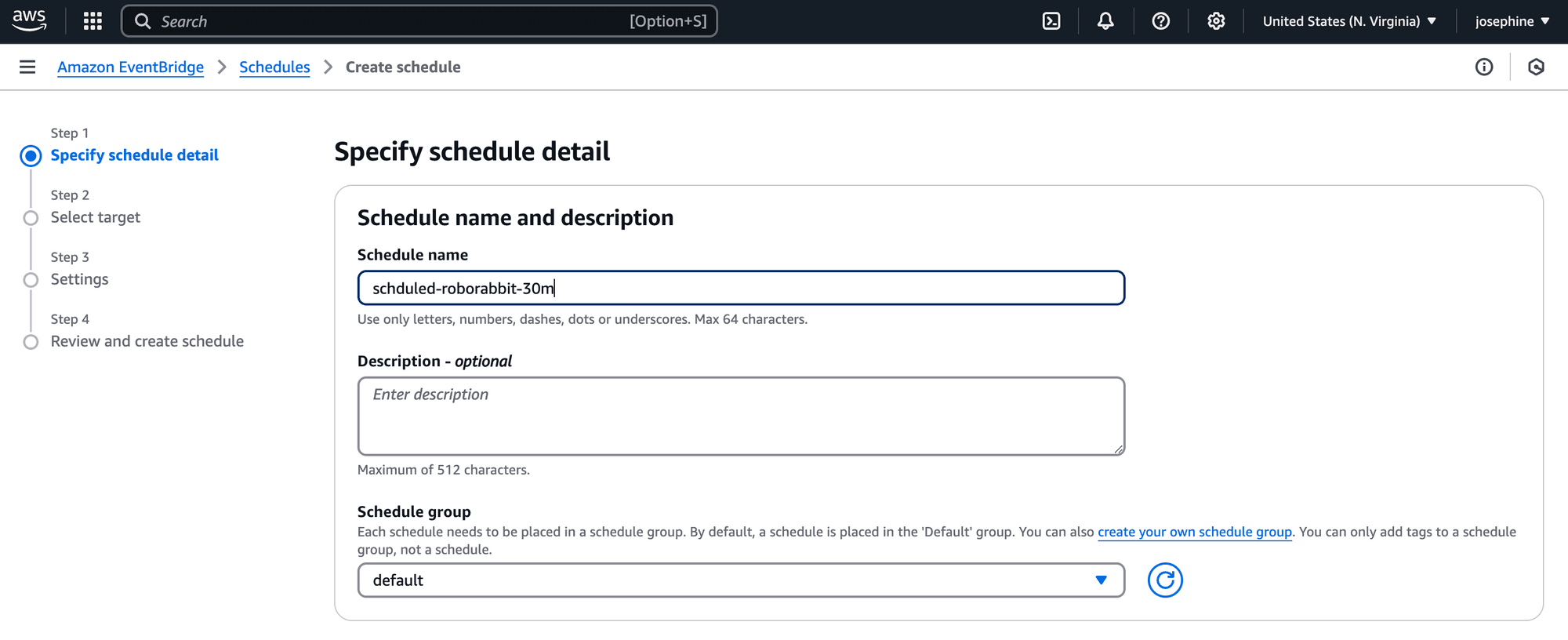 Configuring an EventBridge Schedule - entering the schdule name.png