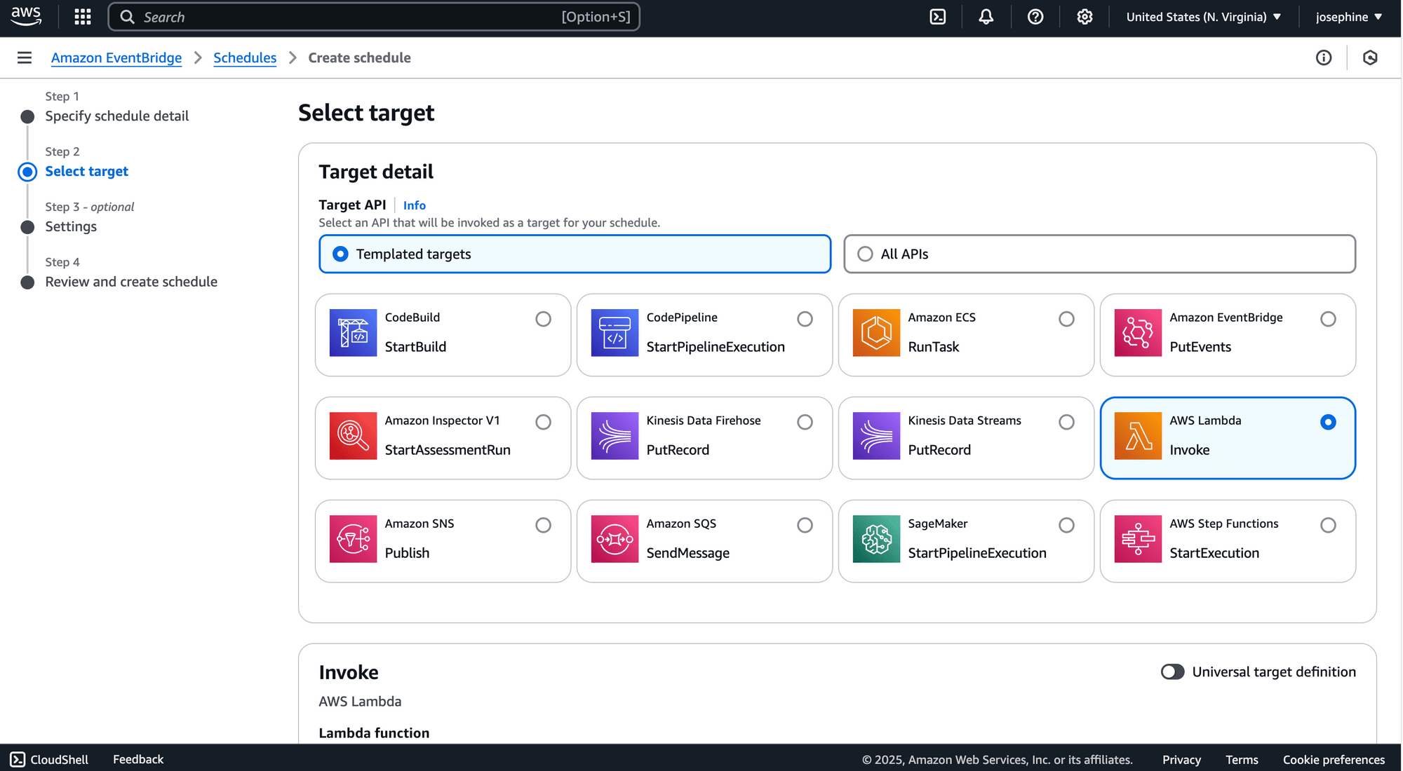 Configuring an EventBridge Schedule - selecting AWS Lambda as the target.png