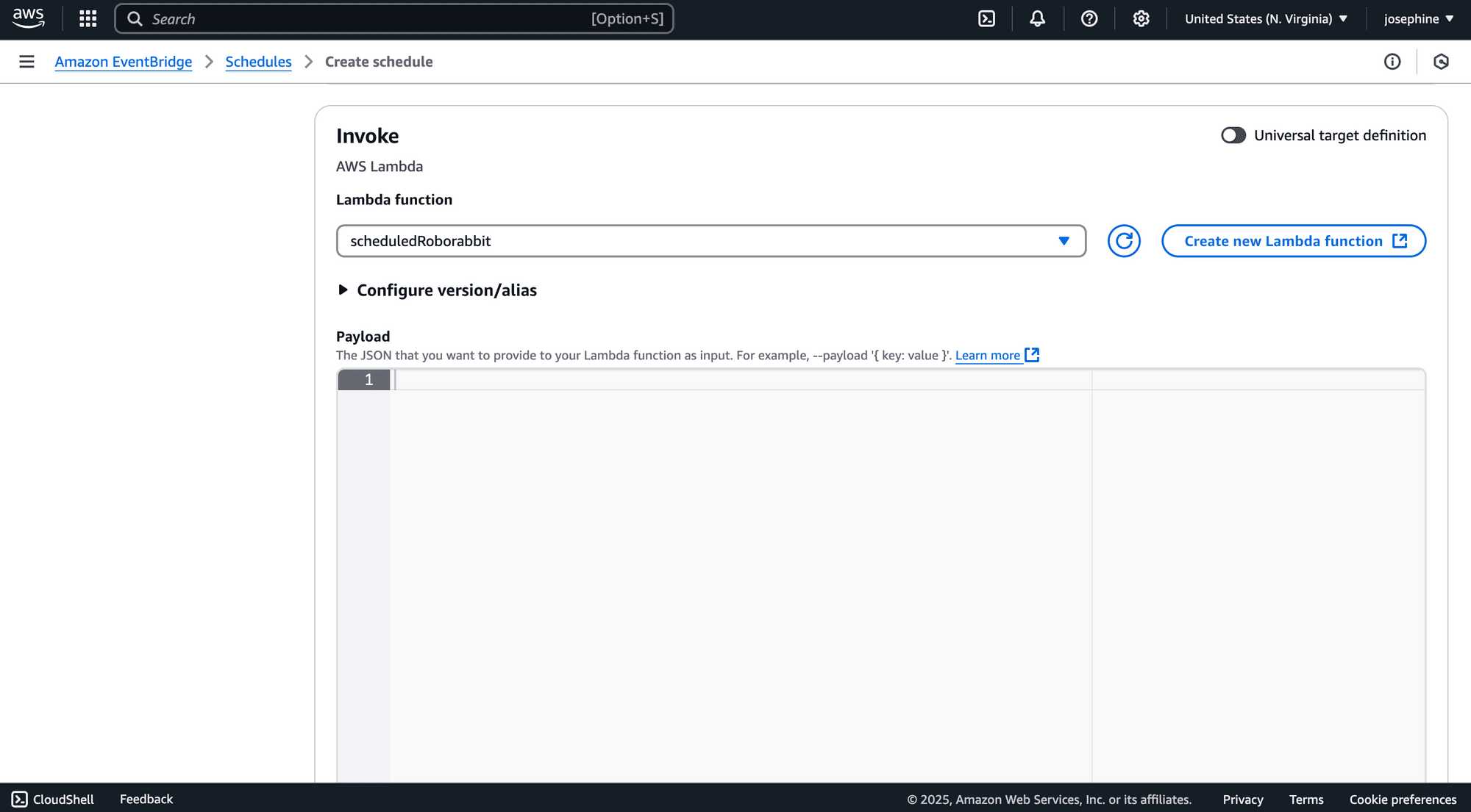 Configuring an EventBridge Schedule - selecting the specific AWS Lambda function.png